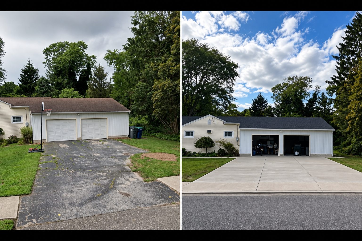 Cracked asphalt driveway replaced with new concrete