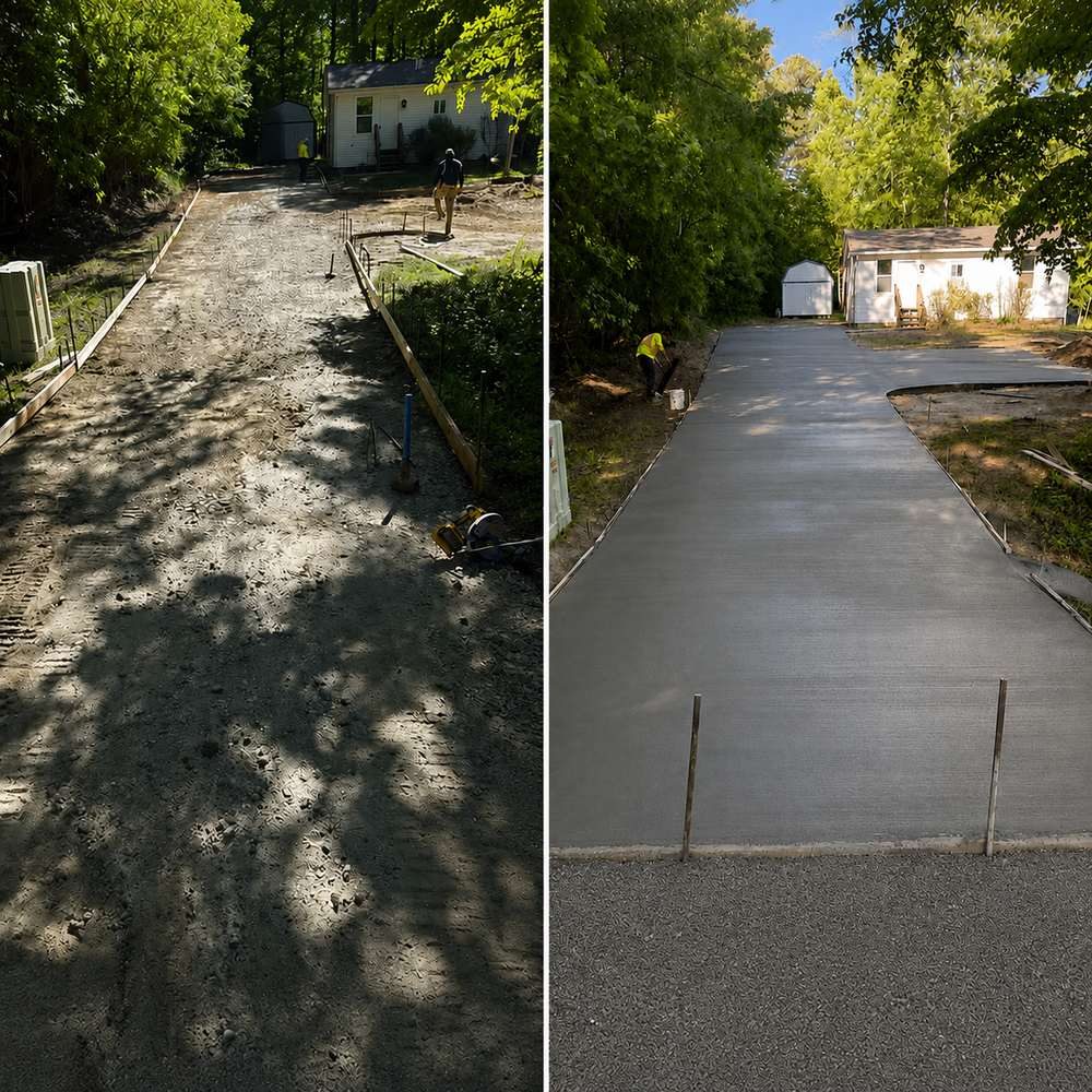 Before and after of a gravel driveway replaced with poured concrete